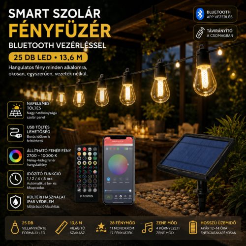 Smart szolár fényfüzér Bluetooth vezérléssel, 25 LED, 13,6 m, állítható fehér fény