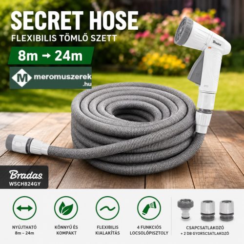 Bradas SECRET HOSE nyújtható locsolótömlő szett 8–24 m, locsolópisztollyal – szürke WSCH824GY