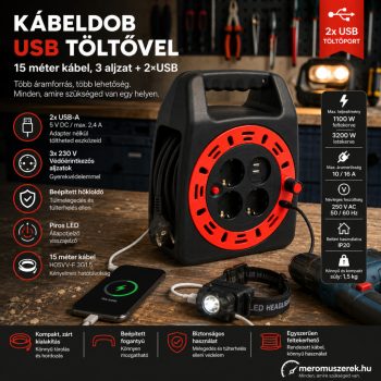   15 m-es kábeldob, hosszabbító elosztó  USB töltővel, 3 aljzat + 2×USB, 3×1,5 mm²
