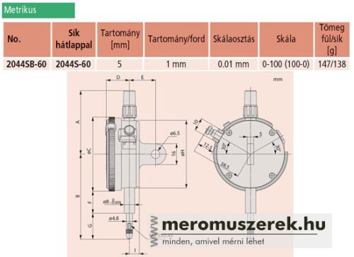 Mitutoyo standard metrikus mérőóra 5mm (2044SB-60)