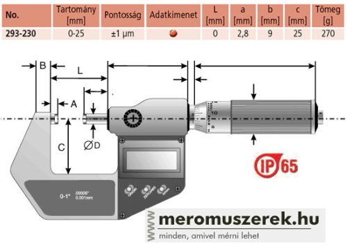 Mitutoyo Digimatic IP65 digitális metrikus mikrométer 0-25mm (293-230-30)