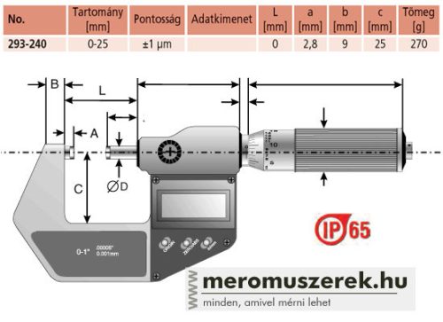 Mitutoyo Digimatic IP65 digitális metrikus mikrométer 0-25mm (293-240-30)