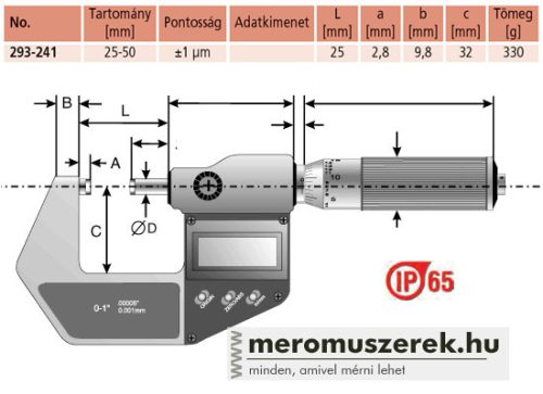 Mitutoyo Digimatic IP65 digitális metrikus mikrométer 25-50mm (293-241-30)