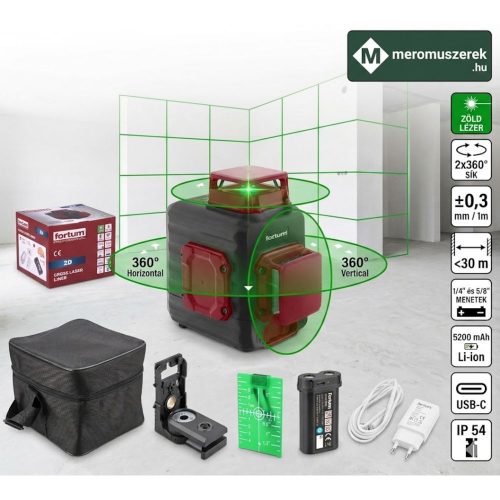 Fortum 2D zöld lézeres vízszintező (2×360°), automatikus, 0,3 mm/m pontosság