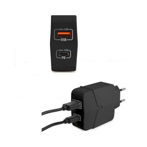 Hálózati Adapter-Töltő USB A + Type-C 18W-os gyorstöltéssel - fekete