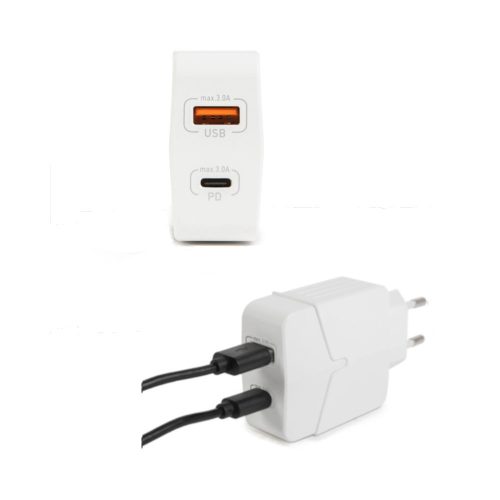 Hálózati Adapter-Töltő USB A + Type-C 18W-os gyorstöltéssel - fehér