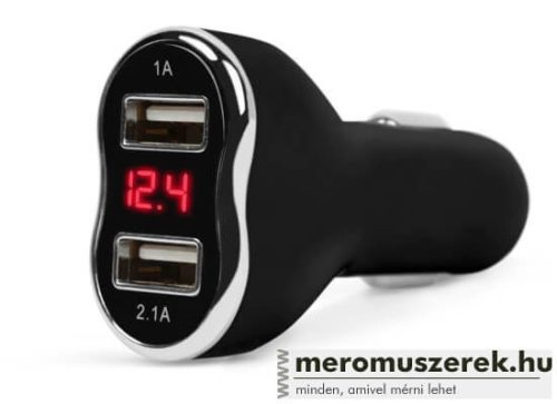 Autós szivargyújtó adapter - 2 x USB aljattal, feszültségmérővel és árammérővel (fekete)