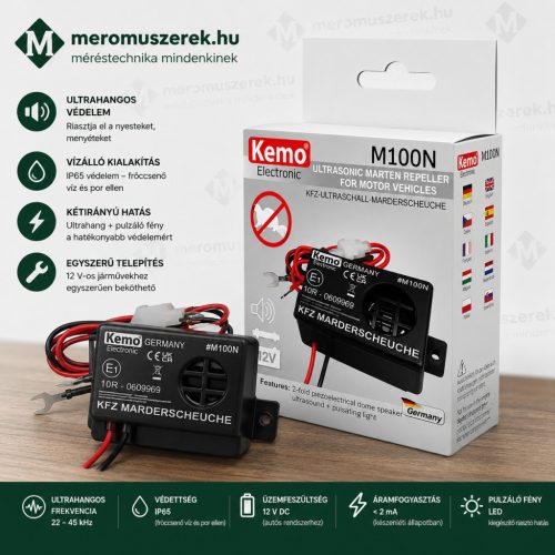 Kemo M100N ultrahangos nyest- és menyétriasztó autóhoz (12V, 150° sugárzási szög, 100 dB, vízálló)