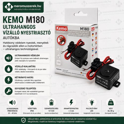 Kemo M180 ultrahangos vízálló nyestriasztó autókba és padlásra (12V, IP65 160° széles sugárzás, német gyártmány)