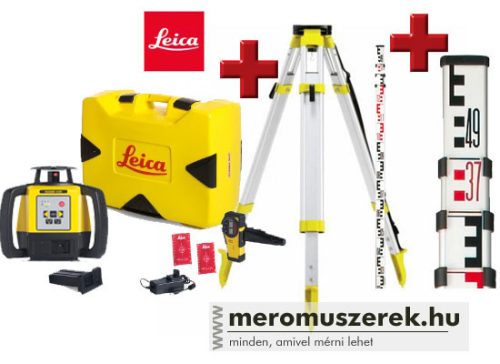Leica Rugby 640 forgólézer, lézerszintező állvánnyal, szintezőléccel és jelfogóval