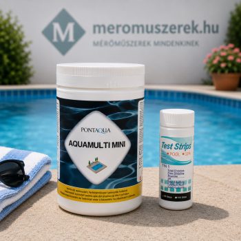   Tiszta Medence Start Vízkezelő Csomag – Aquamulti MINI 1 kg kombinált klórtabletta + 7 az 1-ben tesztcsík (50 db)