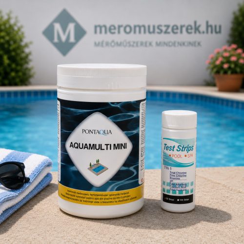 Tiszta Medence Start Vízkezelő Csomag – Aquamulti MINI 1 kg kombinált klórtabletta + 7 az 1-ben tesztcsík (50 db)