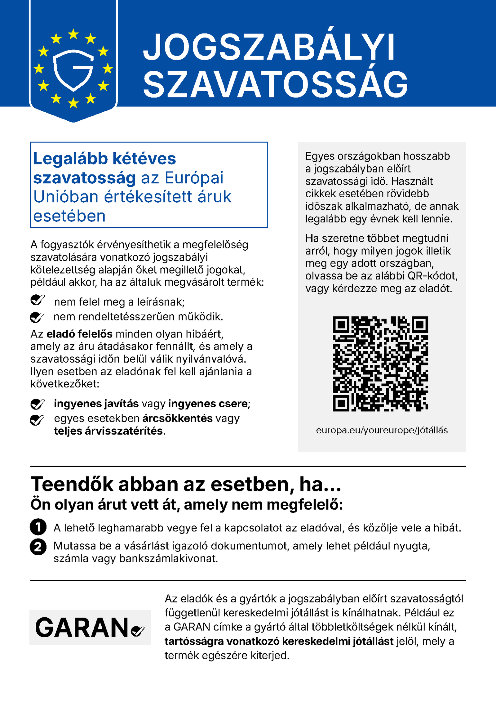 EU harmonizált tájékoztató a jogszabályi szavatosságról